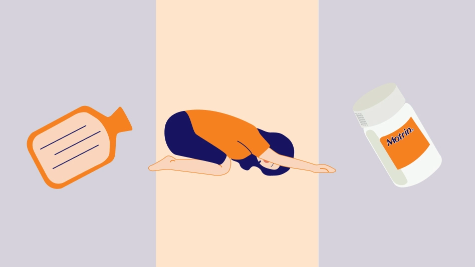 Illustration of a woman doing yoga with a heating pad and MOTRIN® bottle